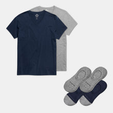 Load image into Gallery viewer, Men's V-Neck T-Shirt &amp; No Show Sock 6-Pack